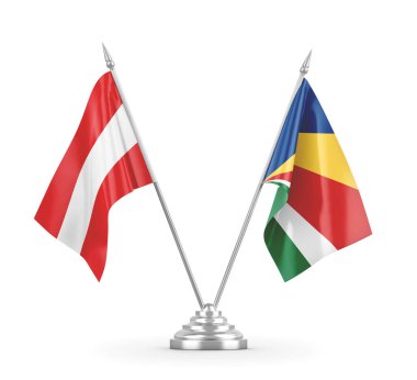 Seyşeller ve Avusturya masa bayrakları beyaz 3D görüntüleme üzerinde izole