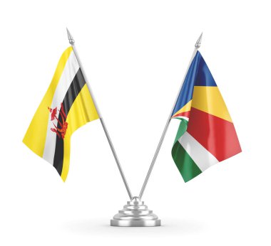 Seyşeller ve Brunei masa bayrakları beyaz 3D görüntüleme üzerinde izole