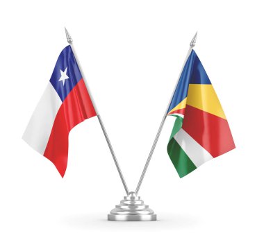 Seyşeller ve Şili masa bayrakları beyaz 3D görüntüleme üzerinde izole edildi