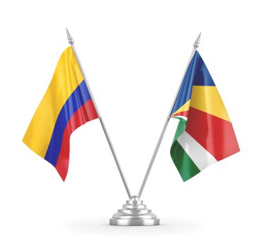 Seyşeller ve Kolombiya masa bayrakları beyaz 3D görüntüleme üzerinde izole