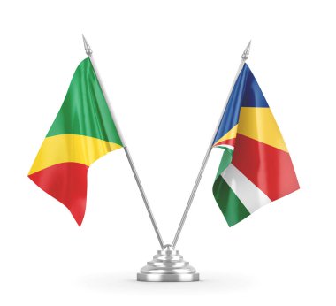 Seyşeller ve Kongo masa bayrakları beyaz 3D görüntüleme üzerinde izole