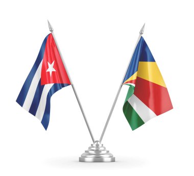 Seyşeller ve Küba masa bayrakları beyaz 3D görüntüleme üzerinde izole