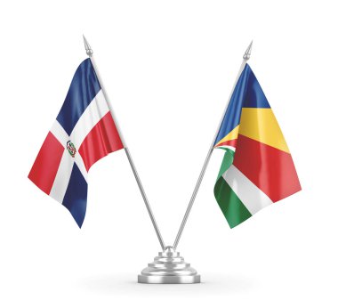 Seyşeller ve Dominik Cumhuriyeti bayrakları beyaz 3D görüntüleme üzerinde izole edildi