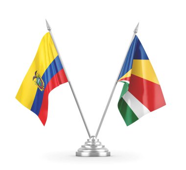 Seyşeller ve Ekvador masa bayrakları beyaz 3D görüntüleme üzerinde izole