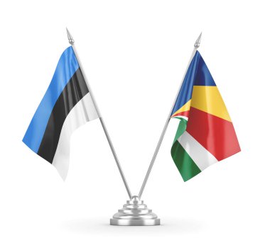 Seyşeller ve Estonya masa bayrakları beyaz 3D görüntüleme üzerinde izole edildi