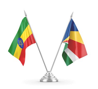 Seyşeller ve Etiyopya masa bayrakları beyaz 3D görüntüleme üzerinde izole