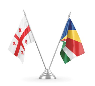 Seyşeller ve Gürcistan masa bayrakları beyaz 3D görüntüleme üzerinde izole