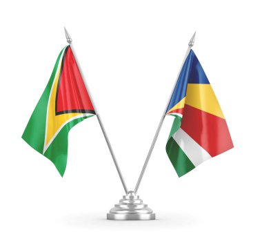 Seyşeller ve Guyana masa bayrakları beyaz 3D görüntüleme üzerinde izole