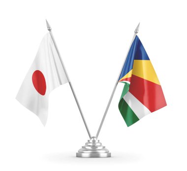 Seyşeller ve Japonya masa bayrakları beyaz 3D görüntüleme üzerinde izole
