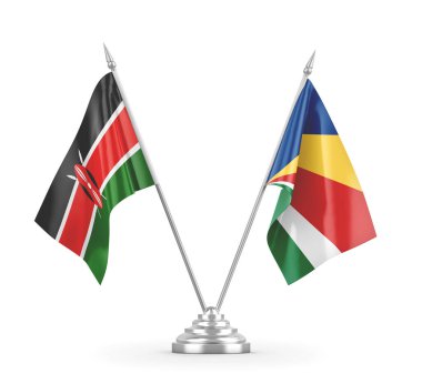 Seyşeller ve Kenya masa bayrakları beyaz 3D görüntüleme üzerinde izole