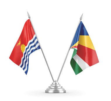 Seyşeller ve Kiribati masa bayrakları beyaz 3D görüntüleme üzerinde izole