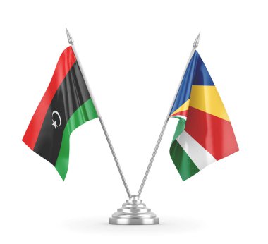 Seyşeller ve Libya masa bayrakları beyaz 3D görüntüleme üzerinde izole edildi