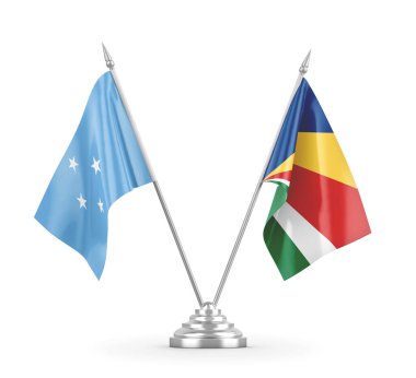 Seyşeller ve Mikronezya masa bayrakları beyaz 3D görüntüleme üzerinde izole