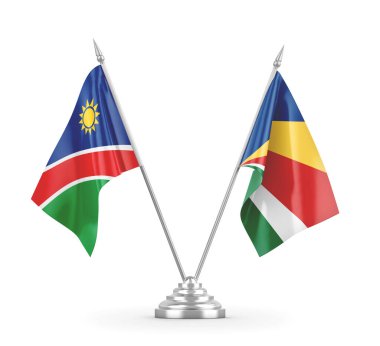 Seyşeller ve Namibya masa bayrakları beyaz 3D görüntüleme üzerinde izole