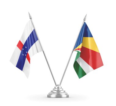 Seyşeller ve Hollanda Antiller masa bayrakları beyaz 3D görüntüleme üzerinde izole