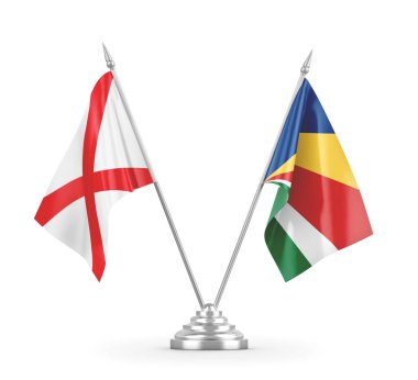 Seyşeller ve Kuzey İrlanda masa bayrakları beyaz 3D görüntüleme üzerinde izole