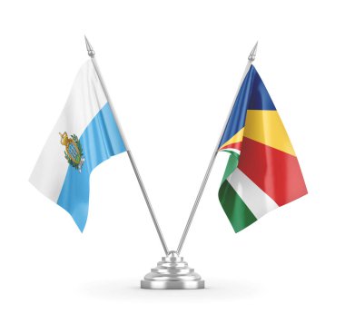 Seyşeller ve San Marino masa bayrakları beyaz 3D görüntüleme