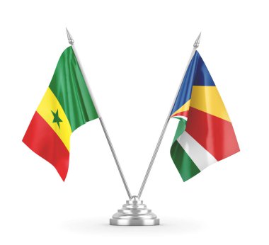Seyşeller ve Senegal masa bayrakları beyaz 3D görüntüleme üzerinde izole