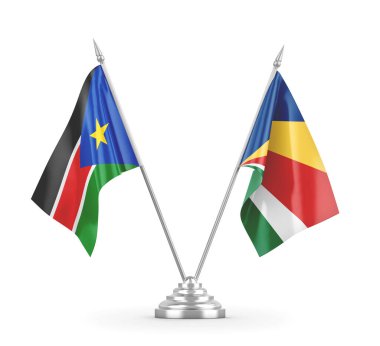 Seyşeller ve Güney Sudan masa bayrakları beyaz 3D görüntüleme üzerinde izole