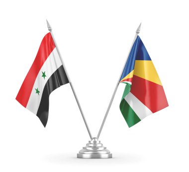 Seyşeller ve Suriye masa bayrakları beyaz 3D görüntüleme üzerinde izole edildi