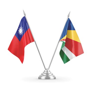 Seyşeller ve Tayvan masa bayrakları beyaz 3D görüntüleme üzerinde izole