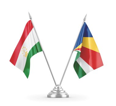 Seyşeller ve Tacikistan masa bayrakları beyaz 3D görüntüleme üzerinde izole edildi