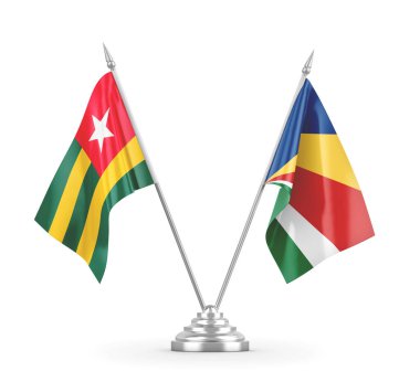 Seyşeller ve Togo masa bayrakları beyaz 3D görüntüleme üzerinde izole