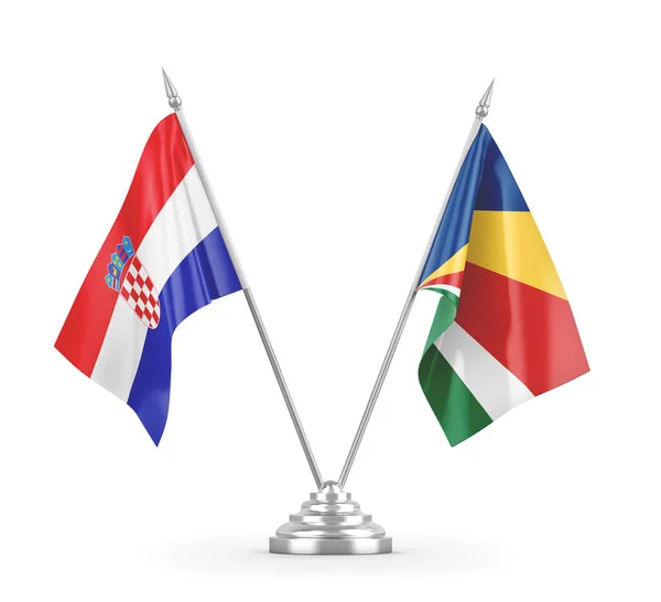 Banderas de mesa Seychelles y Croacia aisladas en renderizado 3D blanco — Foto de Stock