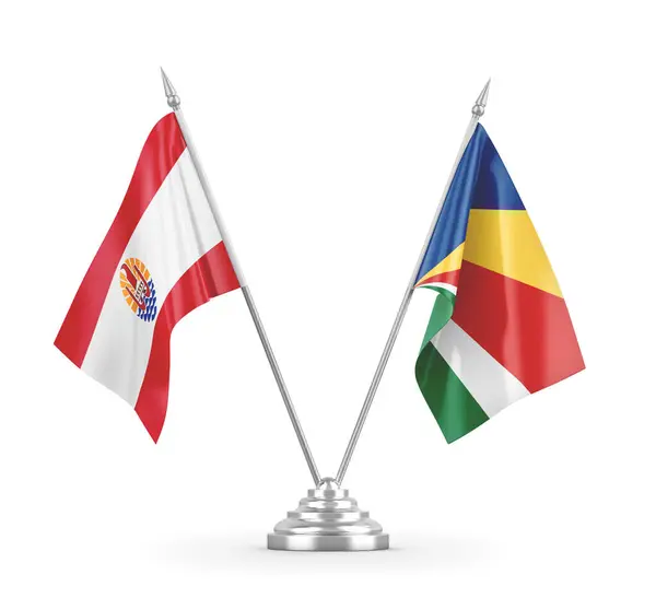 Banderas de mesa Seychelles y Polinesia Francesa aisladas en renderizado 3D blanco — Foto de Stock