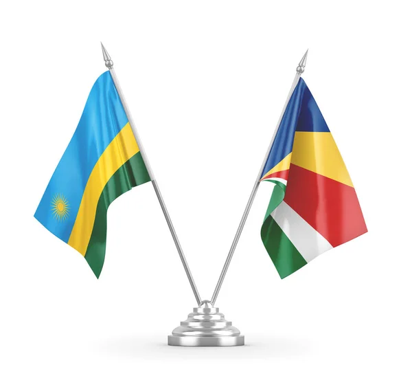 Bandeiras de mesa de Seychelles e Ruanda isoladas em renderização 3D branca — Fotografia de Stock