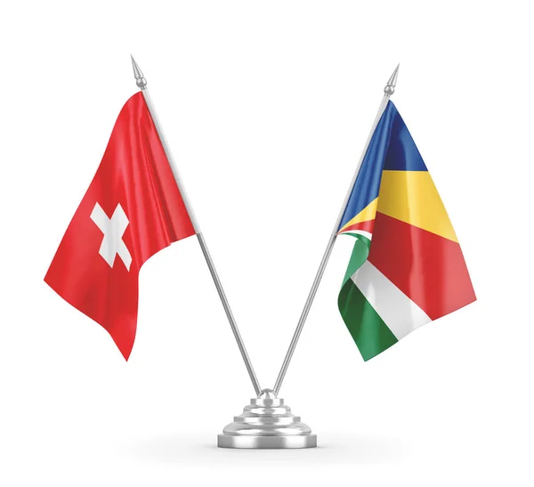 在白色3D渲染中孤立的塞舌尔和瑞士桌旗 — 图库照片
