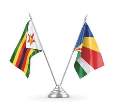 Seyşeller ve Zimbabwe masa bayrakları beyaz 3D görüntüleme üzerinde izole