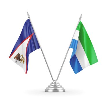 Sierra Leone ve Amerikan Samoa masa bayrakları beyaz 3D görüntüleme üzerinde izole edildi