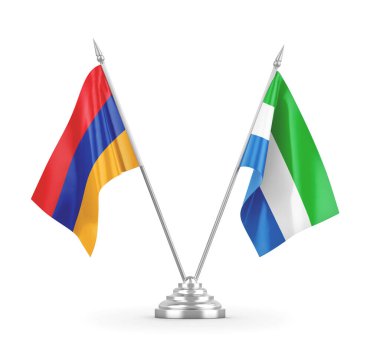 Sierra Leone ve Ermenistan masa bayrakları beyaz 3D görüntüleme üzerinde izole edildi