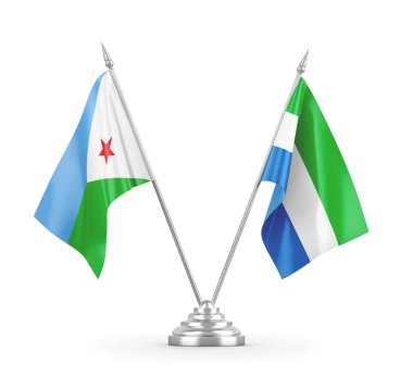 Sierra Leone ve Cibuti masa bayrakları beyaz 3D görüntüleme üzerinde izole edildi