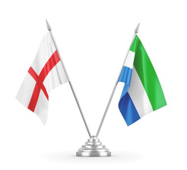 Sierra Leone ve İngiltere masa bayrakları beyaz 3D görüntüleme üzerinde izole edildi