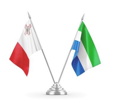 Sierra Leone ve Malta masa bayrakları beyaz 3D görüntüleme üzerinde izole edildi