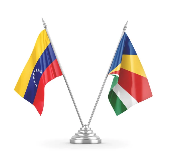 Σημαίες τραπεζιού Σεϋχελλών και Βενεζουέλας απομονωμένες σε λευκή 3D απόδοση — Φωτογραφία Αρχείου