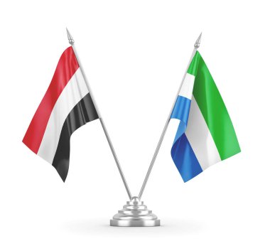 Sierra Leone ve Yemen masa bayrakları beyaz 3D görüntülerde izole edildi