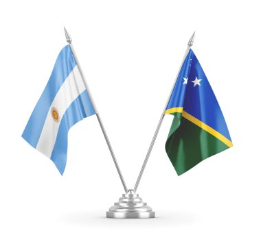 Solomon Adaları ve Arjantin masa bayrakları beyaz 3D görüntüleme