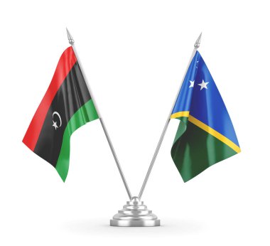 Solomon Adaları ve Libya masa bayrakları beyaz 3D görüntüleme üzerinde izole edildi