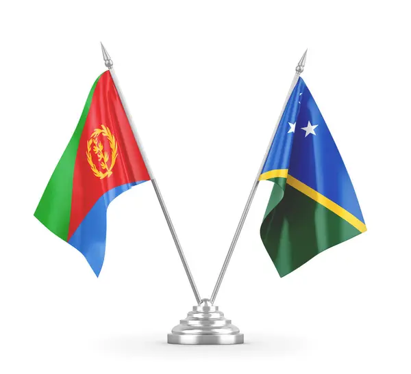 Banderas de mesa Islas Salomón y Eritrea aisladas en renderizado 3D blanco — Foto de Stock
