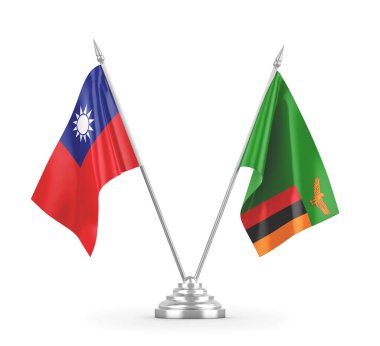 Zambiya ve Tayvan masa bayrakları beyaz 3B görüntüleme üzerinde izole edildi
