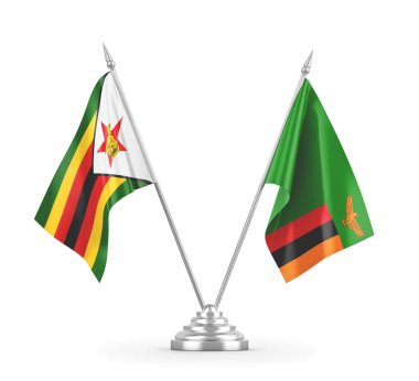 Zambiya ve Zimbabwe masa bayrakları beyaz 3D görüntüleme üzerinde izole