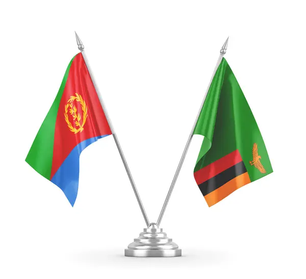 Banderas de mesa Zambia y Eritrea aisladas en renderizado 3D blanco — Foto de Stock