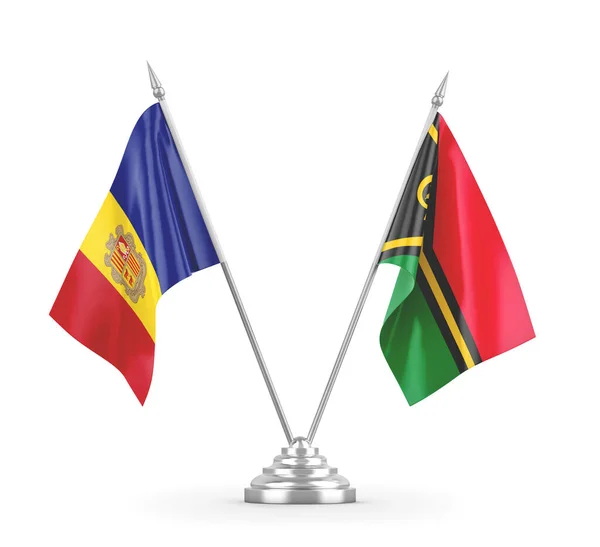 Banderas de mesa Vanuatu y Andorra aisladas en renderizado 3D blanco — Foto de Stock