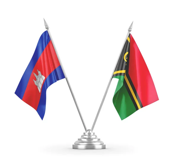 Banderas de mesa Vanuatu y Camboya aisladas en renderizado 3D blanco — Foto de Stock