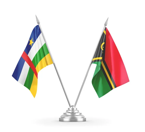 Banderas de mesa Vanuatu y República Centroafricana aisladas en renderizado 3D blanco — Foto de Stock