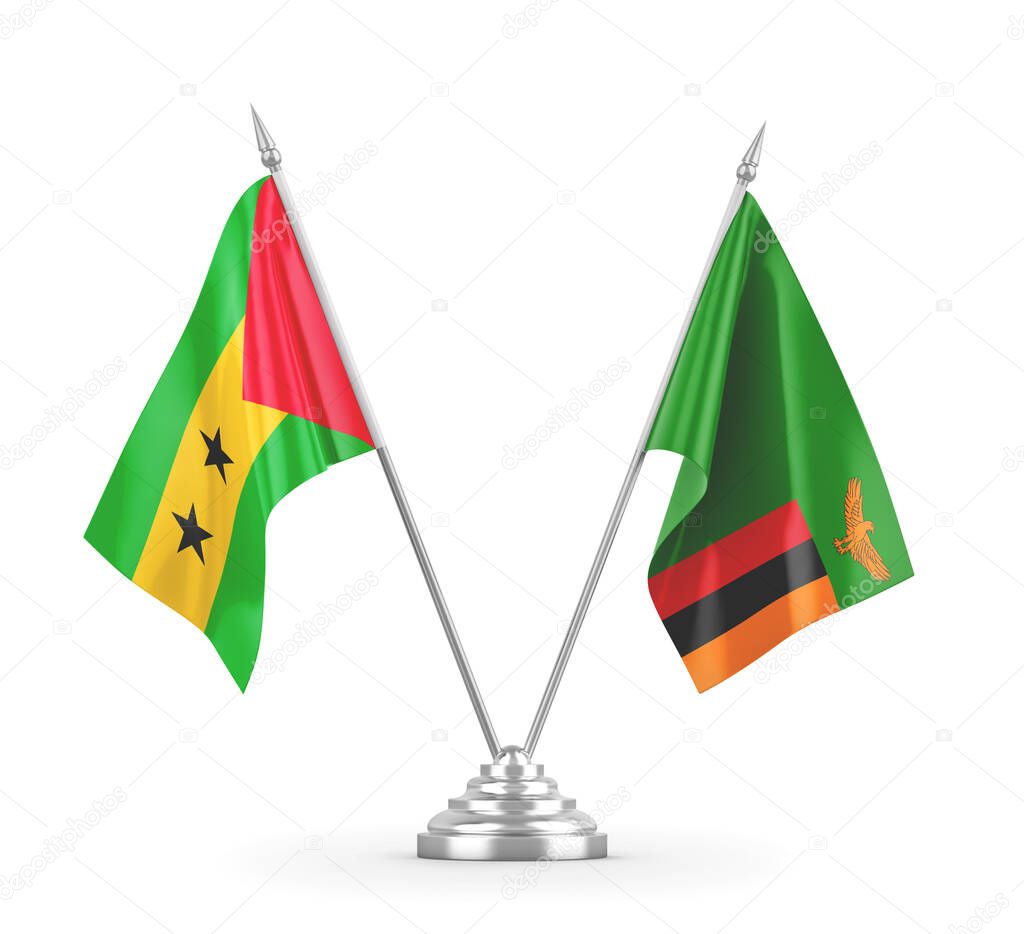 Zambia and Sao Tome and Principe table flags isolated on white 3D rendering