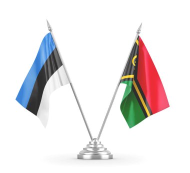 Vanuatu ve Estonya masa bayrakları beyaz 3D görüntüleme üzerinde izole edildi